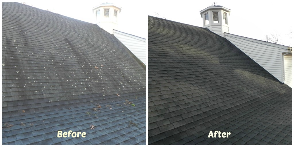 Roof Cleaning Perfection. Before and after picture of roof benefitting from our roof cleaning services!